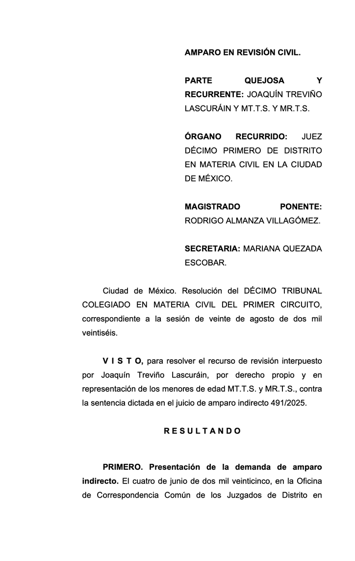 Primera hoja de un proyecto de sentencia generado por el taller: amparo en revisión civil del Décimo Tribunal Colegiado en Materia Civil del Primer Circuito, con la carátula, el visto y el primer resultando. Todos los datos son ficticios.