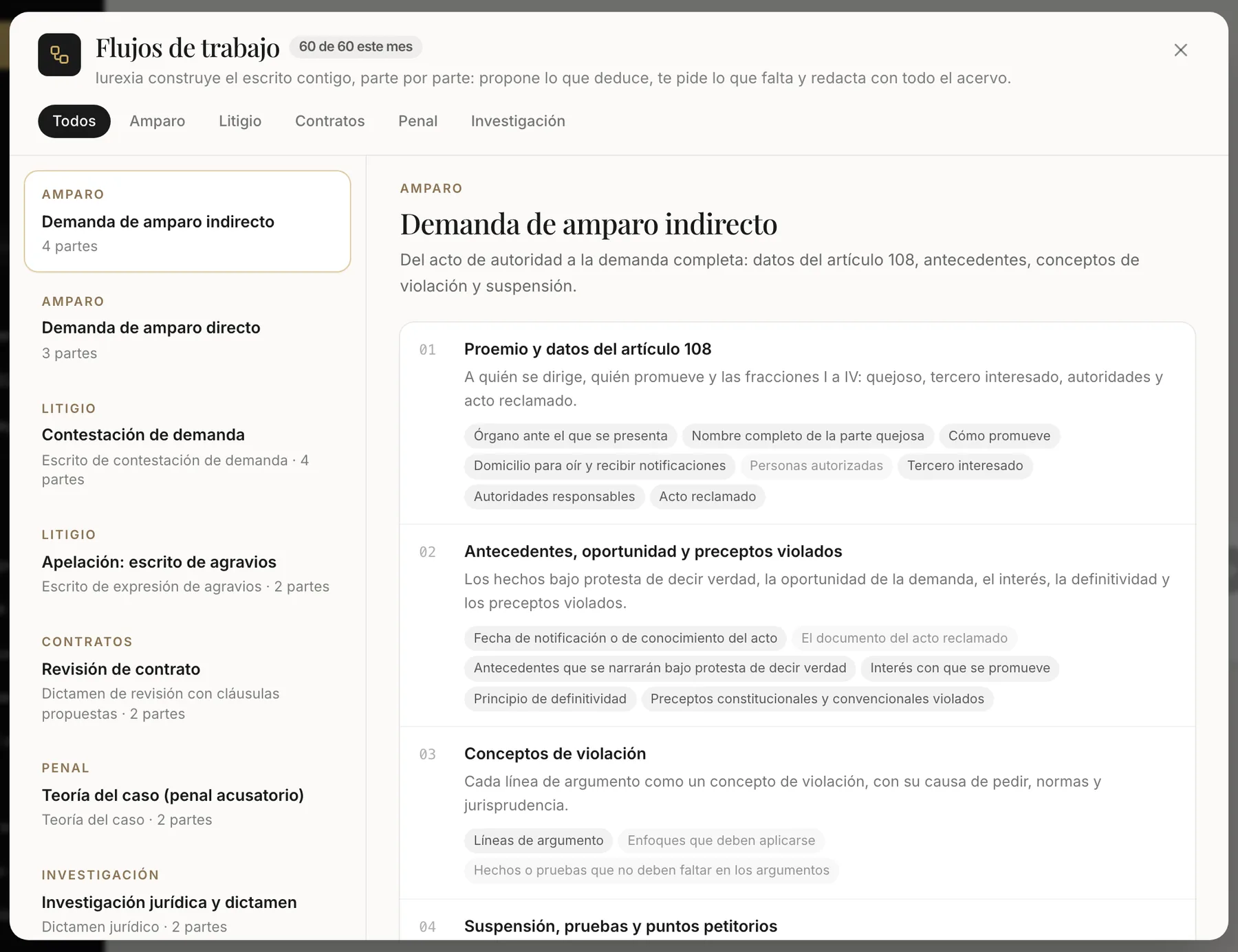 Los flujos de trabajo de Iurexia: la demanda de amparo indirecto dividida en sus partes, con los datos que pide cada una.