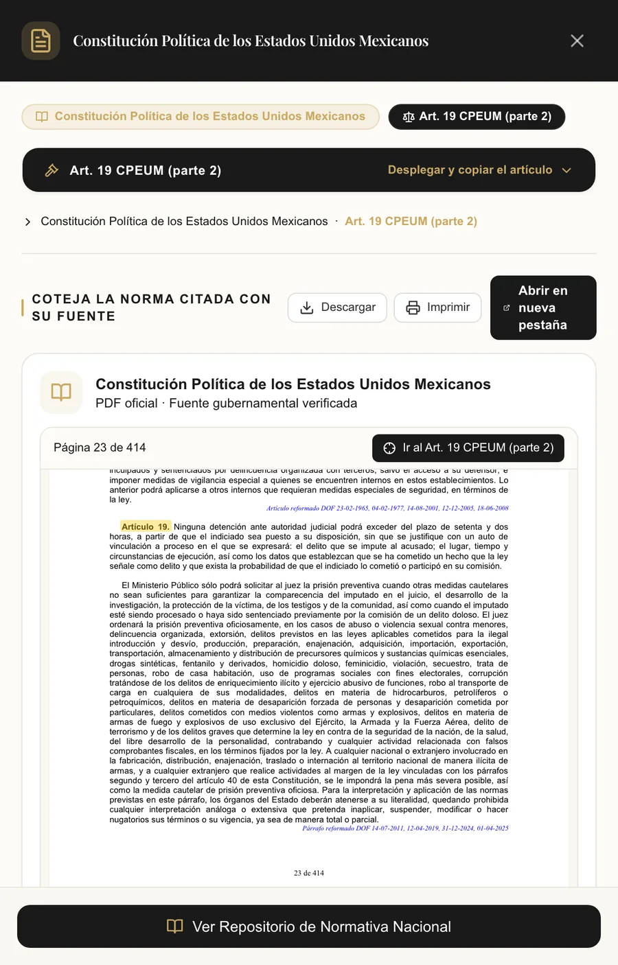 El visor de la fuente: el artículo 19 de la Constitución resaltado en la página 23 de 414 del PDF oficial, con los botones para descargar, imprimir o abrir en otra pestaña.